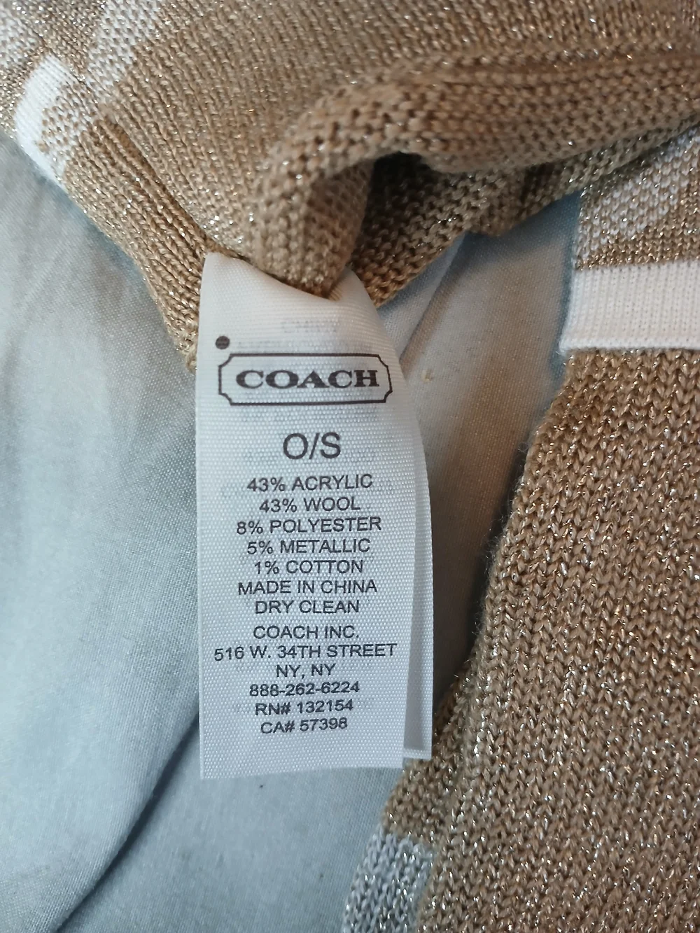 Coach Metallic Gold and White Signature Logo Wool Knit Gloves